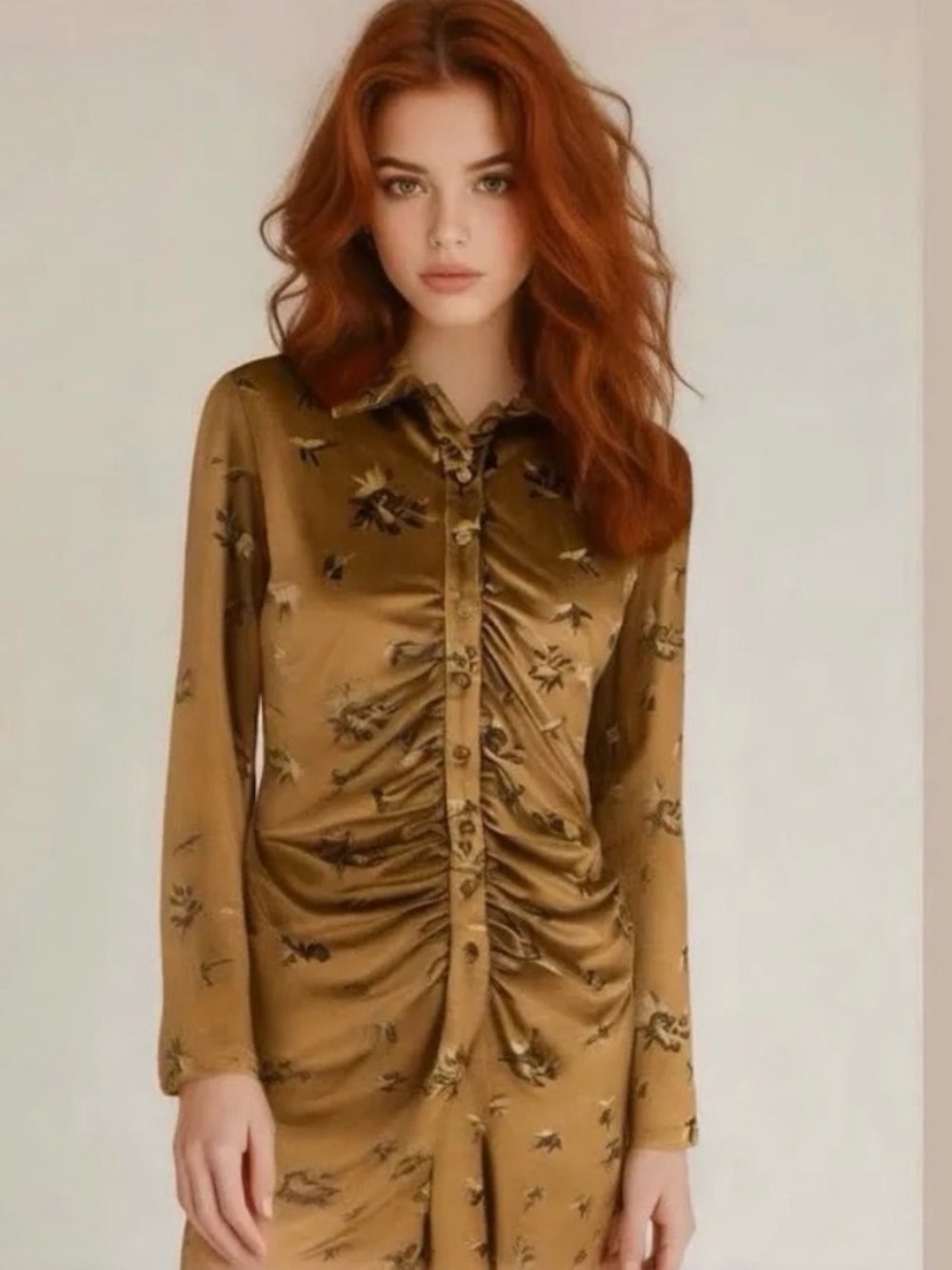 House of Harlow 1960 Olive-Brown Ruched Floral Long-Sleeve Dress